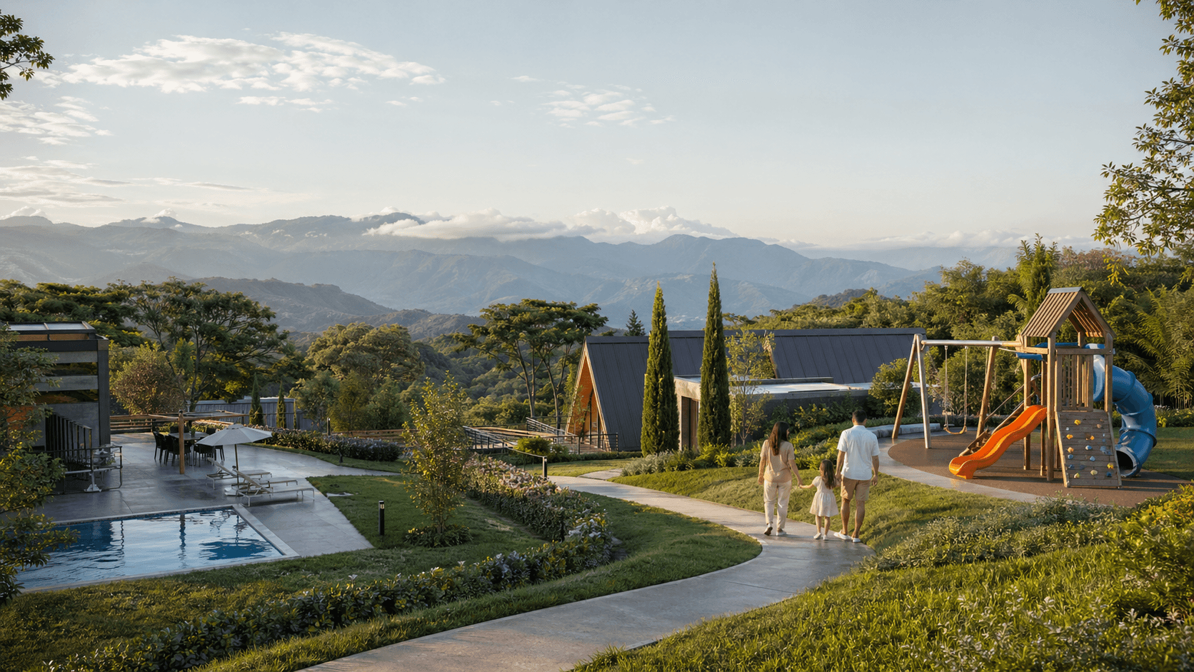 Proyecto campestre en el Eje Cafetero con zonas verdes y vista natural